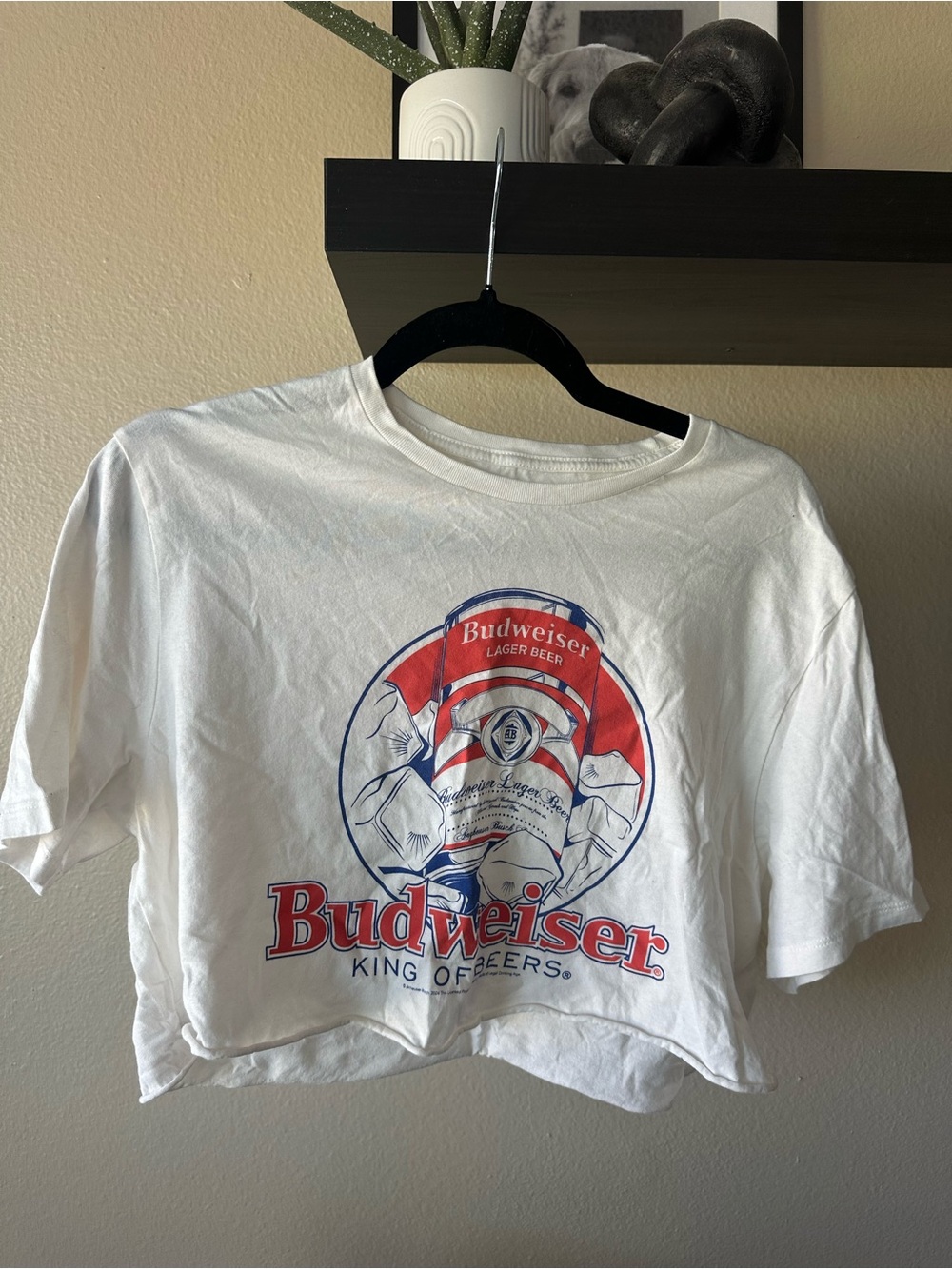 Old Navy White Crop Tee with Red and Blue Budweiser Graphic
